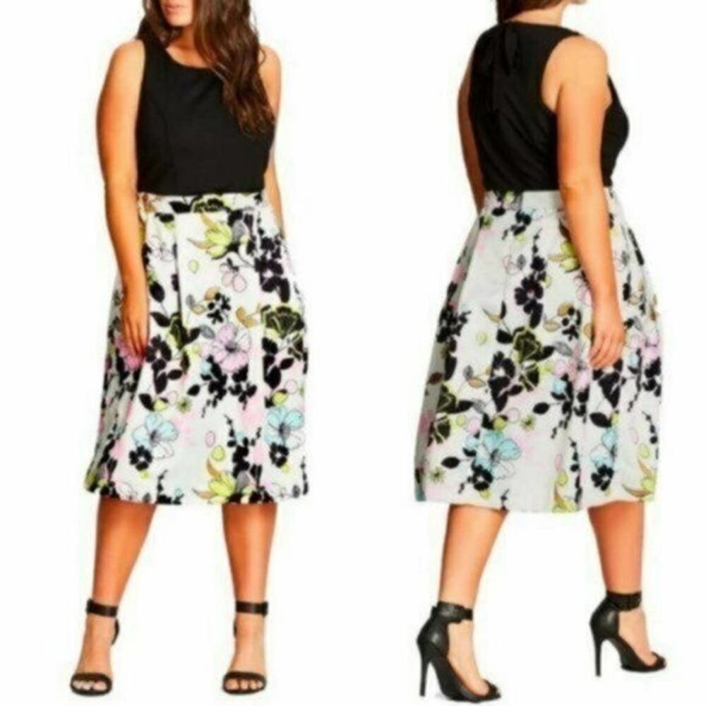 City Chic Black Floral Fit & Flare Dress US 16 AU 14 Pockets Lined Pleated Midi